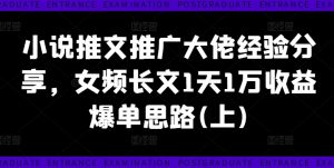 小说推文推广大佬经验分享，女频长文1天1万收益爆单思路(上)-个人经验技术分享